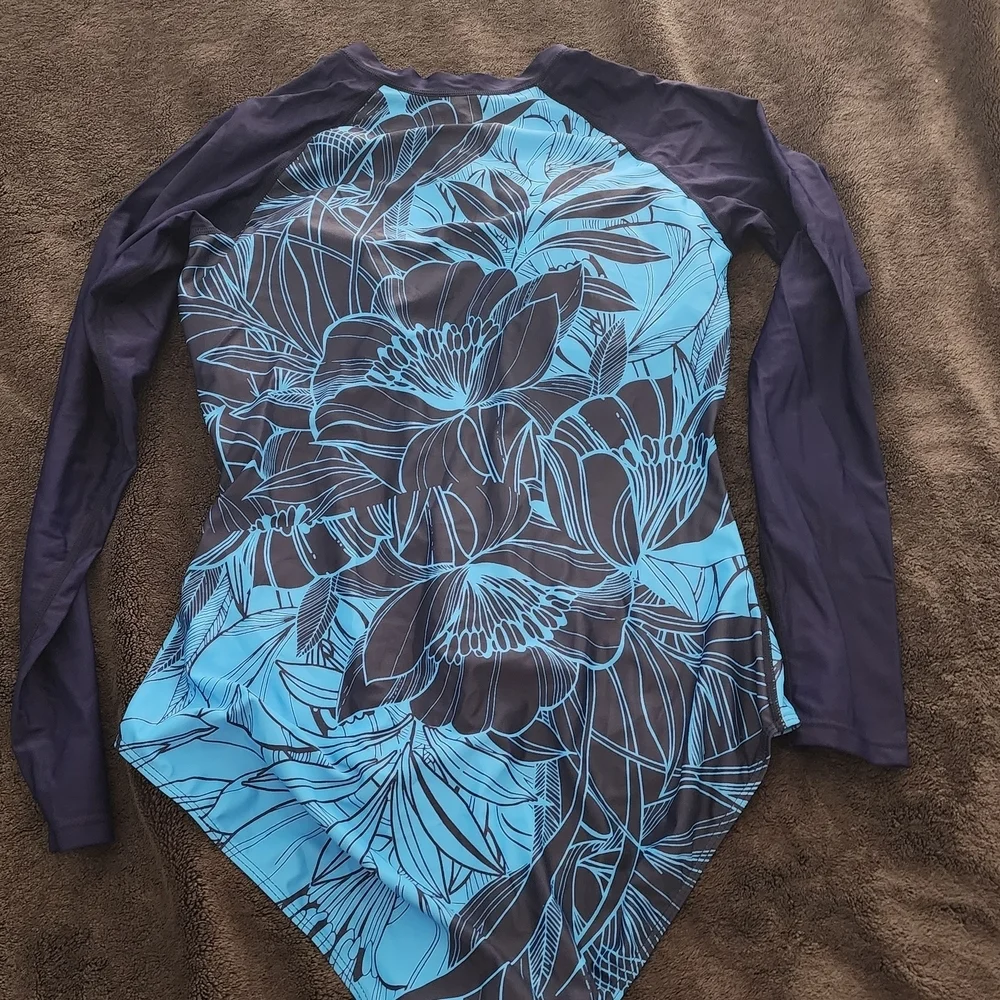 Blue Floral Long Sleeve One Piece Swimsuit